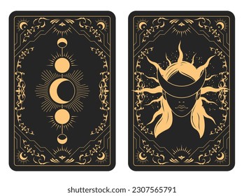 The reverse side of a tarot cards batch, pattern with blindfold witch face and lunar phases, esoteric and mystic symbols, sorcery, vector