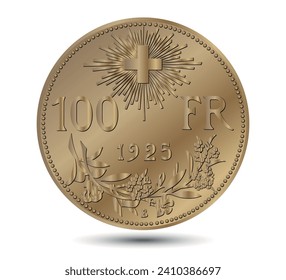 Reverse of Switzerland 1925 hundred francs gold coin, isolated on a white background. Vector illustration.