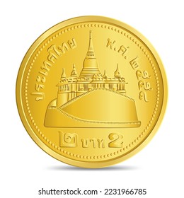 Reverse of Thailand Golden two baht coin isolated on white background in vector illustration. Translation: "Thailand 2015, 2 baht"