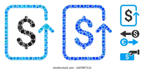 Reverse transaction composition of round dots in different sizes and color tints, based on reverse transaction icon. Vector round dots are organized into blue composition.