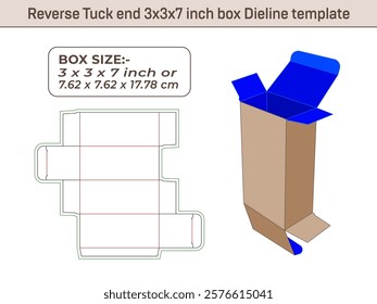 Reverse Tuck end 3x3x7 inch box Dieline template 