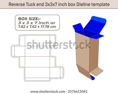 Reverse Tuck end 3x3x7 inch box Dieline template 