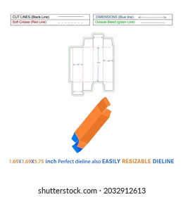 Reverse Tuck end boxes, (1.69x1.69x5.75) inch custom duplex box, duplex corrugated box dieline template and 3d render