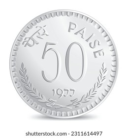 Reverse of Vintage Indian Fifty paise coin 1977 isolated on white background in vector illustration.