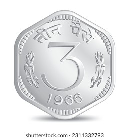 Reverse of Vintage Indian Three paise coin 1966 isolated on white background in vector illustration. Translation: "Three Paise"