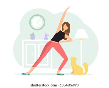 Reverse warrior pose. Woman doing Yoga with cat