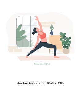 Reverse Warrior Yoga pose. Young woman practicing yoga  exercise. Woman workout fitness, aerobic and exercises. Vector Illustration.