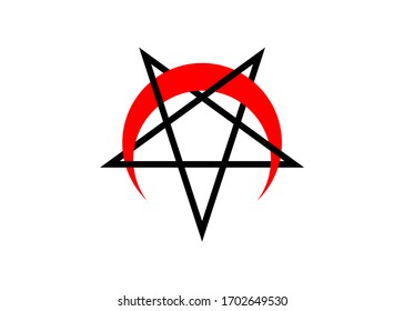 Reversed or Inverted Pentagram with upside down crescent red moon vector symbol isolated. Satanic Inverted Endless Pentagram icon. Religious sign. Wicca and Neopaganism in white background