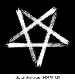 Reversed pentagram icon, brush drawing magic occult star symbol. Vector illustration in white isolated over black.