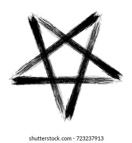 Reversed Pentagram Icon, Brush Drawing Magic Occult Star Symbol. Vector Illustration In Black Isolated Over White.