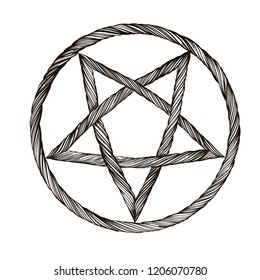 Reversed pentagram. Satanic sign. Gothic style. Outline vector illustration isolated on white background.