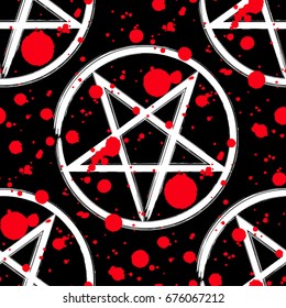 Reversed pentagram seamless pattern, brush drawing magic occult star symbol with red blood splatter drops over black. Vector background illustration.