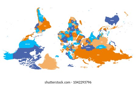 Reversed or upside down political map of World. South-up orientation. Vector illustration.