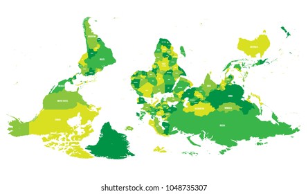 Reversed or upside down political map of World. South-up orientation. Vector illustration.