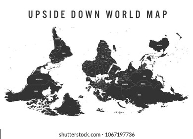 Reversed or upside down political map of World. South-up orientation. Vector illustration.