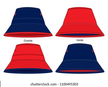 Reversible Bucket Hat With Navy Blue-Red Template on Gray Background, Vector File