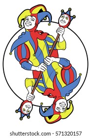 Reversible Joker in einem Kreis angezeigt. Er hat mit beiden Händen ein seltsames Schreckgespenst. Die Hauptfarben dieser Abbildung sind Rot, Gelb, Blau und Weiß. 
