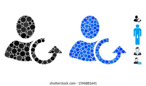 Revert user composition of round dots in variable sizes and color tints, based on revert user icon. Vector round elements are combined into blue composition.