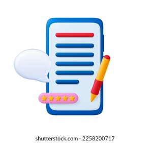 Review 3d concept. Smartphone feedback, five stars for service or support. White speech bubble, survey bar on phone screen, vector business icon