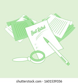 Review, analysis and rating process concept. Line art vector illustration of piles papers, one sheet with best rated text, pen and magnified glass. Image for article or web page design