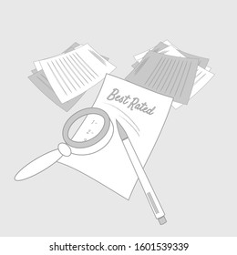 Review, analysis and rating process concept. Line art vector illustration of piles papers, one sheet with best rated text, pen and magnified glass. Image for article or web page design