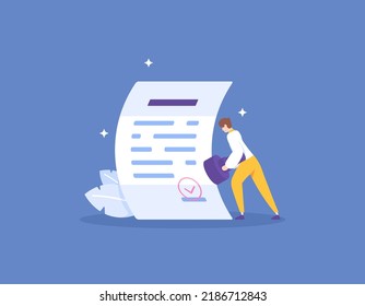 review and approve. passed the test and approved. give stamp. a businessman uses a stamp to put a stamp on a paper report. data validation. Terms and Conditions. concept illustration design