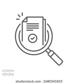 Icono de revisión, evaluación o auditoría. Estilo de contorno simple. Investigación, visión general, informe, caso, datos, vidrio, documento, análisis, descubrimiento, concepto de comprobación. Símbolo de línea delgada. Diseño aislado de trazo editable.