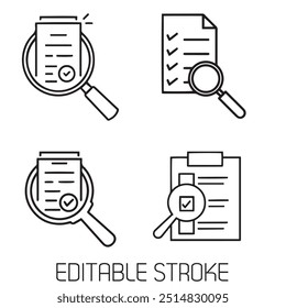 Revisión de auditoría, visión general conjunto de iconos de riesgo, negocio de verificación, delgado símbolo de línea para el Web y el teléfono móvil sobre fondo blanco - Ilustración vectorial de trazo editable.