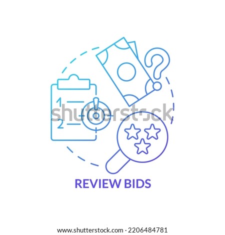Review bids blue gradient concept icon. Procurement management plan abstract idea thin line illustration. Preliminary examination. Bid evaluation. Isolated outline drawing. Myriad Pro-Bold font used