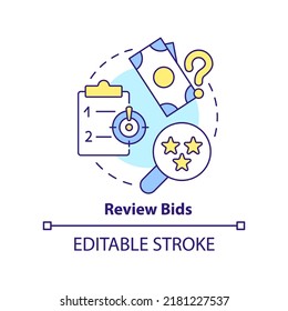 Review bids concept icon. Procurement management plan abstract idea thin line illustration. Preliminary examination. Isolated outline drawing. Editable stroke. Arial, Myriad Pro-Bold fonts used