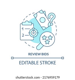 Review bids turquoise concept icon. Procurement management abstract idea thin line illustration. Preliminary examination. Isolated outline drawing. Editable stroke. Arial, Myriad Pro-Bold fonts used