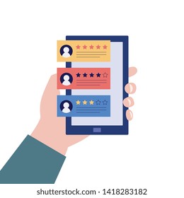 Review bubble speeches on mobile phone with good and bad rate flat vector illustration isolated on white background. Concept of testimonials messages and feedback.