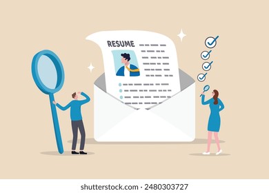 Review candidate resume, talent validation or scan to choose applicant on vacancy, employment or recruitment, HR human resources concept, business people HR staff review candidate resume email.