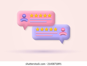 Review comment 3d icon. Customer feedback with stars speech bubble. Online comment, rate, chat concept. Vector illustration.