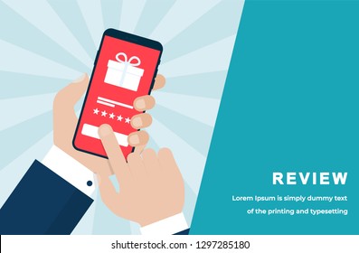 
Review Concept with Businessman Hand Holding a Smartphone with Gift Box and 5 Starts Feedback on a Shining Background. Suitable for Web banner, Infographics, Hero images. Flat Vector illustration 
