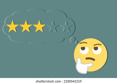 Review Concept With Emoji Thinking Face And Thought Bubble With Rating Stars On Blue Background,vector Illustration