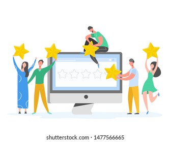 Review concept illustration. People characters holding gold stars. Men and women rate services and user experience. Five stars positive opinion, good feedback. Vector cartoon