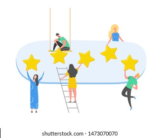 Review concept illustration. Woman character writing good feedback with gold stars. Customer rate services and user experience using laptop. Five stars positive opinion. Vector cartoon