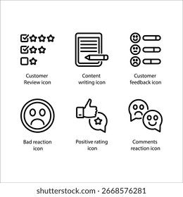 Reseña, Redacción de contenidos, Comentarios del Cliente, Mala respuesta, Positive rating, Comentario, Icono, Line icon Set