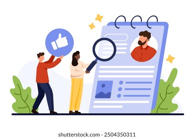 Review data of employees CV, vacancy. Tiny people with magnifying glass research professional candidates resume to find skills, recruit staff for hiring and interview cartoon vector illustration