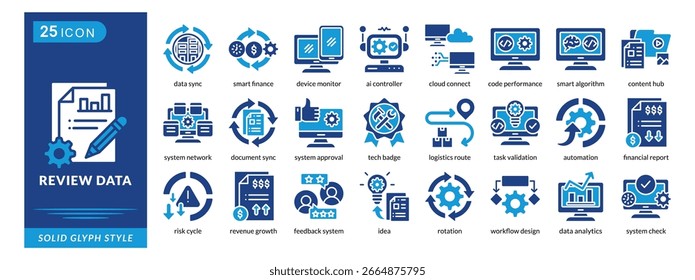 Un paquete de iconos contiene sincronización de datos, finanzas inteligentes, monitor de dispositivo, controlador de IA, conexión a la nube, rendimiento de código, algoritmo inteligente, centro de contenido, etc., y puede incluir la colección de conjunto de iconos de datos en estilo de glifo sólido
