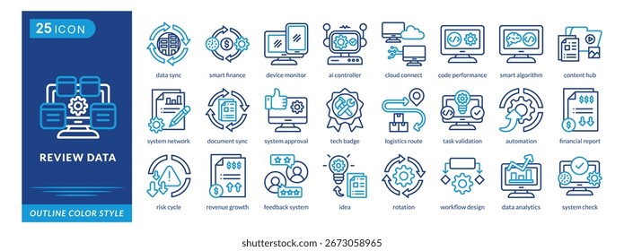 Revise el conjunto de iconos de datos en estilo de color de contorno, con sincronización de datos, monitor de dispositivo, controlador de IA, Cloud Connect, algoritmo inteligente y red del sistema.