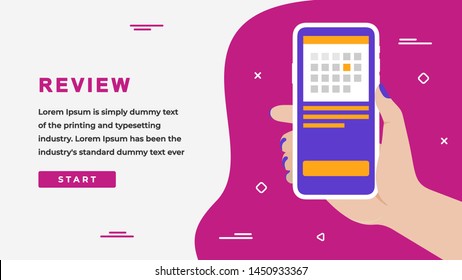 Review Design Concept with Business Woman Hand Holding a Smartphone with Calendar on Screen, Button, Headline and Text Place. Web banner, Info graphics, Hero. Flat Vector Illustration