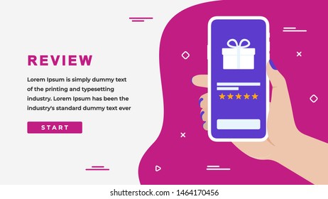 Review Design Concept with Business Woman Hand Holding a Smartphone with Feedback on Screen, Button, Headline and Text Place. Web banner, Info graphics, Hero. Flat Vector Illustration