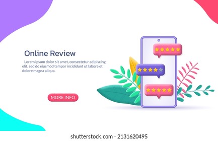 Review, feedback banner. 3d smartphone with stars and chat bubbles. Rating, customer experience, satisfaction concept. Mobile phone with speech bubbles on the screen. Vector illustration.