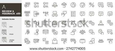 Review and feedback icon set. Rating, stars, survey, satisfaction, vote, opinion, testimonial, customer experience icons. Thin line editable stroke vector illustrations