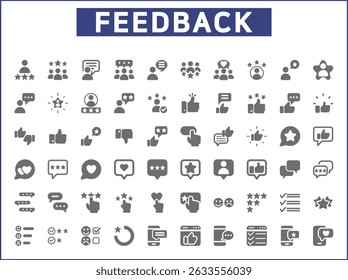 Conjunto De Ícones De Revisão E Comentários. Coleção de vetor de cliente, classificação, classificação de estrelas, bate-papo, depoimentos, pesquisa, suporte, comunicação, símbolos de sinal e elemento ou elemento de logotipo.