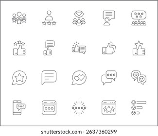 Review And feedback Icon Set. Vector collection of customer, rating, star rating, chat, testimonials, survey, support, communication, sign and element symbols or logo element.