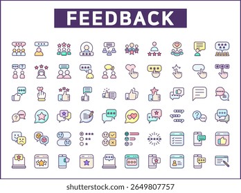 Review And feedback Icon Set. Vector collection of customer, rating, star rating, chat, testimonials, survey, support, communication, sign and element symbols or logo element.