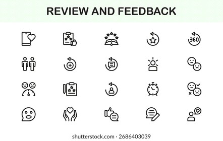 Review and Feedback Icon Set in Vector Style Featuring Comments, Ratings, Reviews, and Communication Symbols